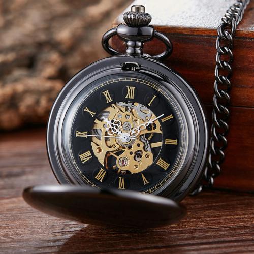 Zinc Alloy Pocket Watch, met Glas, Ronde, plated, Vintage & uniseks & stam-winder & hol, meer kleuren voor de keuze, watchcase size 47x47x15mm, Lengte Ca 37.5 cm, Verkocht door PC