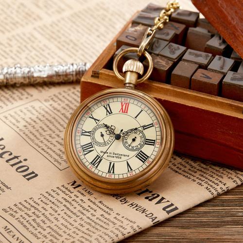 Brass Pocket Watch with Glass & Zinc Alloy Round gold color plated vintage & with roman number & Unisex watchcase size Sold By PC