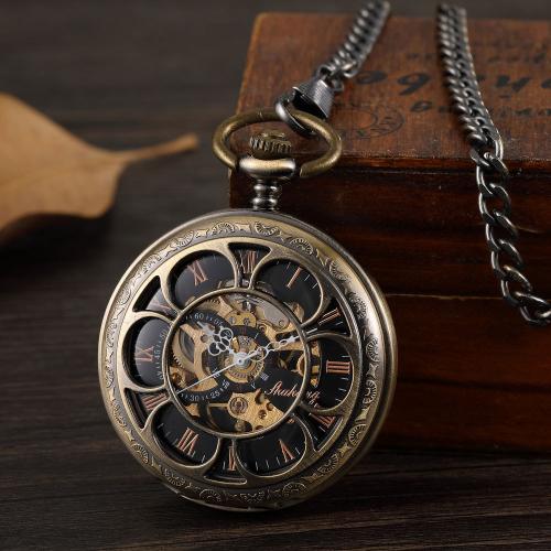 Zinc Alloy Pocket Watch, met Plastic, Ronde, plated, Vintage & uniseks & stam-winder, watchcase size 45x15mm, Lengte Ca 37.5 cm, Verkocht door PC