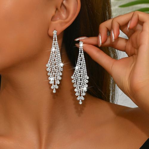 Zinc Alloy Tassel Earring Rhombus platinum color plated for woman & with rhinestone Sold By Pair