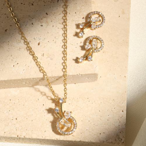 Micro zirconi Pave ottone Jewelry Set, Orecchino a bottone & Collana, with 5.5cm extender chain, 2 pezzi & gioielli di moda & Micro spianare cubic zirconia & per la donna, dorato, Lunghezza Appross. 41 cm, Venduto da set