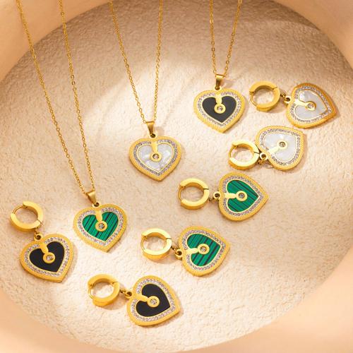 Rhinestone Stainless Steel Jewelry Set 304 Stainless Steel with Shell Heart & for woman & with rhinestone golden Sold By PC