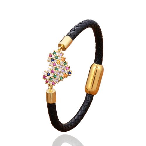 PU Leather Cord Bracelets with Brass & 304 Stainless Steel gold color plated fashion jewelry & micro pave cubic zirconia & for woman Length Approx 21 cm Sold By PC