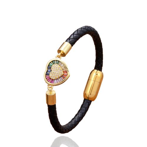 PU Leather Cord Bracelets with Brass & 304 Stainless Steel Heart gold color plated fashion jewelry & micro pave cubic zirconia & for woman Length Approx 21 cm Sold By PC