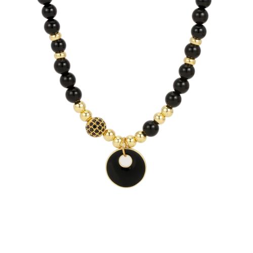 Agate Necklace Black Agate with Brass with 5cm extender chain gold color plated fashion jewelry & micro pave cubic zirconia & for woman & enamel black Length Approx 40 cm Sold By PC