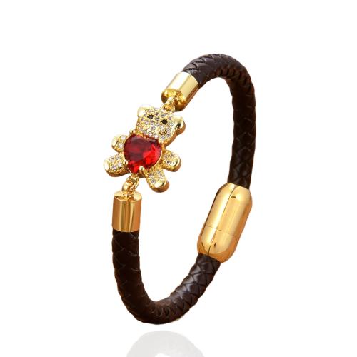 PU leder koord armbanden, met Messing & 304 roestvrij staal, Dragen, gold plated, mode sieraden & micro pave zirconia & voor vrouw, meer kleuren voor de keuze, Lengte Ca 21 cm, Verkocht door PC