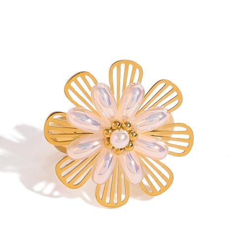 Stainless Steel Finger Ring 304 Stainless Steel with Plastic Pearl Flower gold color plated fashion jewelry golden Sold By PC