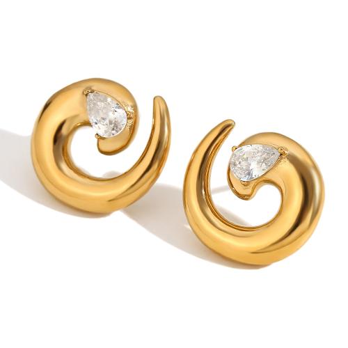 Stainless Steel Stud Earrings 304 Stainless Steel Vacuum Ion Plating micro pave cubic zirconia & for woman gold Sold By Pair