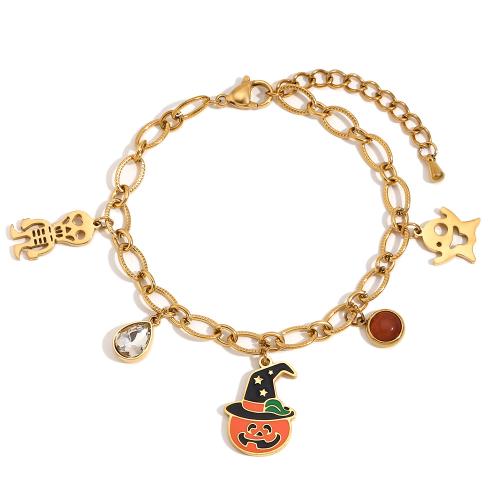 Halloween Bracelet 304 Stainless Steel with Gemstone Vacuum Ion Plating micro pave cubic zirconia & for woman & enamel gold Sold By PC