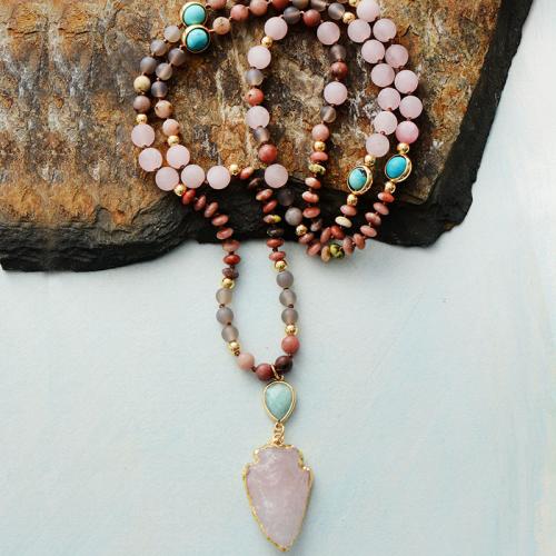 Rose Quartz Πουλόβερ κολιέ, με τυρκουάζ & Agate & Κράμα ψευδάργυρου, κοσμήματα μόδας & για τη γυναίκα, Μήκος Περίπου 33.5 inch, Sold Με PC