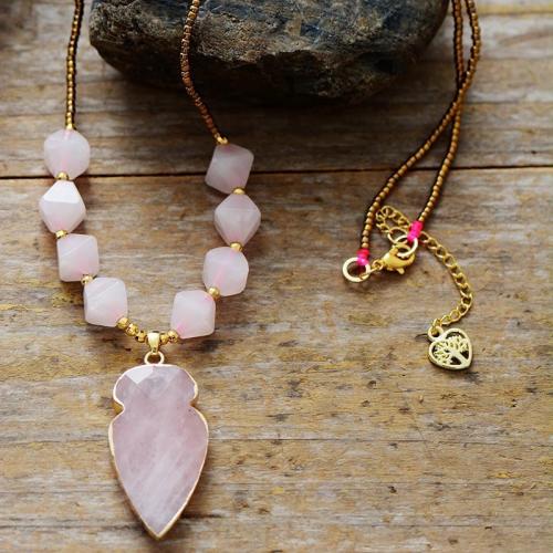 Rose Quartz Necklace with Seedbead & Zinc Alloy with 2inch extender chain gold color plated Bohemian style & Unisex Length Approx 19.7 Inch Sold By PC