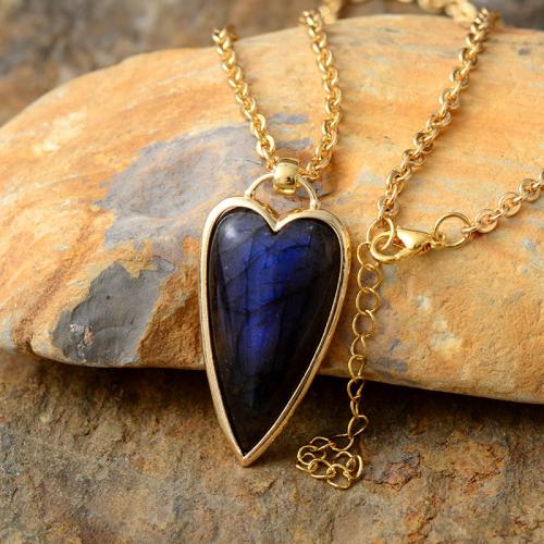 Labradorite collier, avec alliage de zinc, avec 2inch chaînes de rallonge, coeur, Placage de couleur d'or, Style bohème & unisexe, Longueur Environ 19.7 pouce, Vendu par PC