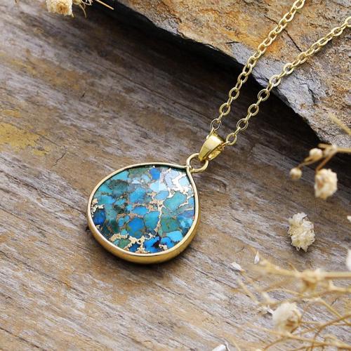 Brass Necklace with turquoise Teardrop plated fashion jewelry & Unisex Length Approx 15.7 Inch Sold By PC