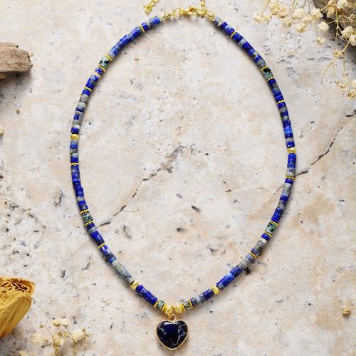 Lapis lazuli Halsband, med Impression Jasper & Mässing, Hjärta, Vintage & Unisex, Längd Ca 15.7 inch, Säljs av PC