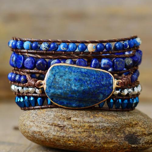 Lapis Lazuli Armband, met PU & Indruk Jasper & Kristal & Zinc Alloy, handgemaakt, multilayer & Bohemien stijl & uniseks, Lengte Ca 32.2-35.4 inch, Verkocht door PC