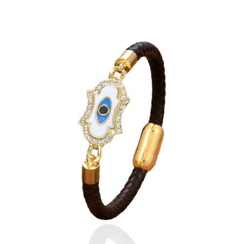 PU leder koord armbanden, met Messing & 304 roestvrij staal, gold plated, mode sieraden & uniseks & micro pave zirconia & glazuur, meer kleuren voor de keuze, Lengte Ca 21 cm, Verkocht door PC