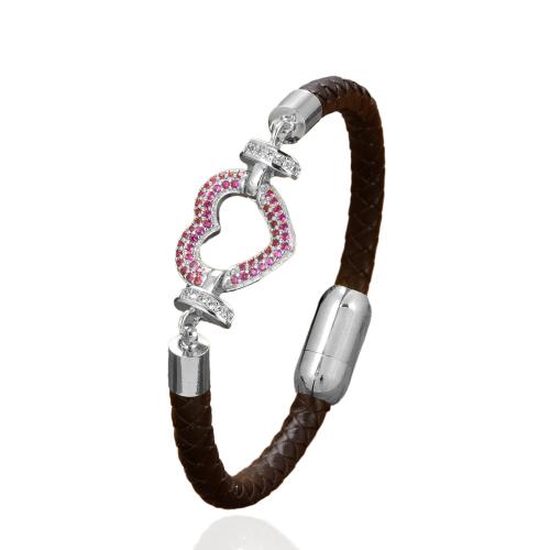 PU leder koord armbanden, met Messing & 304 roestvrij staal, Hart, plated, Andere vorm voor keuze & mode sieraden & micro pave zirconia & voor vrouw, meer kleuren voor de keuze, Lengte Ca 21 cm, Verkocht door PC