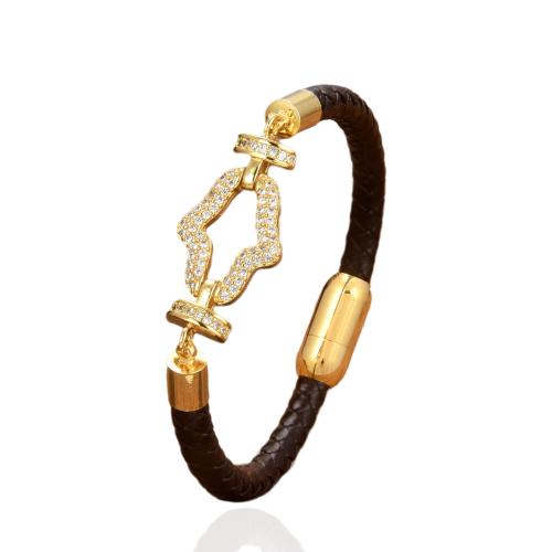 PU Leather Cord Bracelets with Brass & 304 Stainless Steel gold color plated & fashion jewelry & micro pave cubic zirconia & for woman Length Approx 21 cm Sold By PC