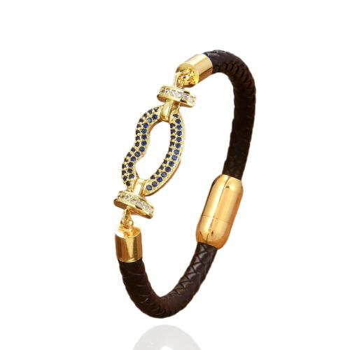 PU Leather Cord Bracelets with Brass & 304 Stainless Steel gold color plated fashion jewelry & Unisex & micro pave cubic zirconia Length Approx 21 cm Sold By PC