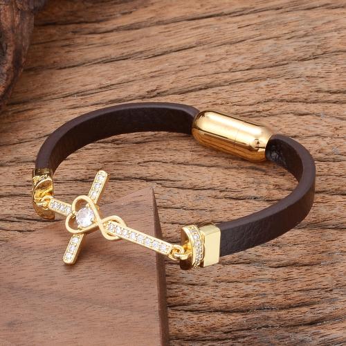 PU leder koord armbanden, met Messing & 304 roestvrij staal, Oversteken, gold plated, mode sieraden & uniseks & micro pave zirconia, meer kleuren voor de keuze, Lengte Ca 21 cm, Verkocht door PC