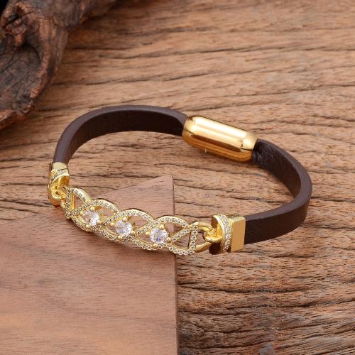 PU Leather Cord Bracelets with Brass & 304 Stainless Steel gold color plated fashion jewelry & micro pave cubic zirconia & for woman Length Approx 21 cm Sold By PC