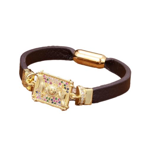 PU leder koord armbanden, met Messing & 304 roestvrij staal, gold plated, mode sieraden & uniseks & micro pave zirconia, meer kleuren voor de keuze, Lengte Ca 21 cm, Verkocht door PC