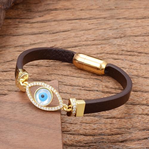 PU Leather Cord Bracelets with Brass & 304 Stainless Steel gold color plated fashion jewelry & Unisex & micro pave cubic zirconia & enamel Length Approx 21 cm Sold By PC