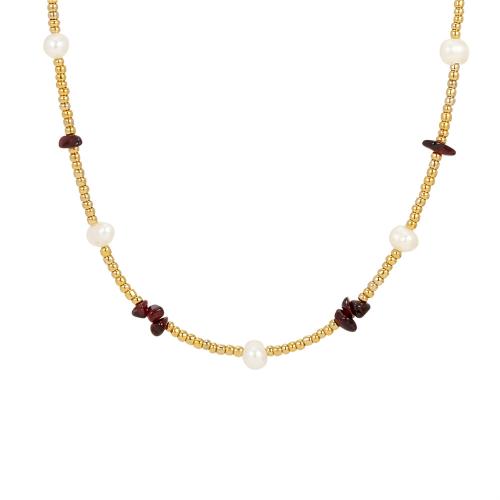 Natural Gemstone Necklace Glass with Gemstone & Freshwater Pearl & Brass with 5cm extender chain gold color plated fashion jewelry & for woman Length Approx 38 cm Sold By PC