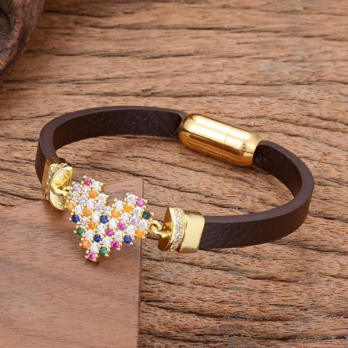 PU Leather Cord Bracelets with Brass & 304 Stainless Steel gold color plated fashion jewelry & micro pave cubic zirconia & for woman Length Approx 21 cm Sold By PC