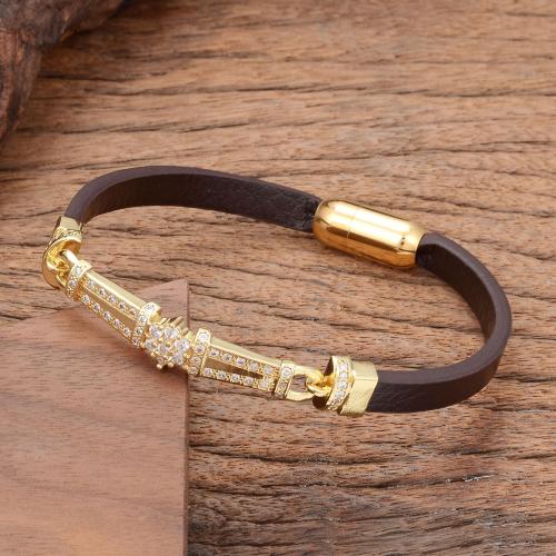 PU leder koord armbanden, met Messing & 304 roestvrij staal, gold plated, mode sieraden & micro pave zirconia & voor vrouw, meer kleuren voor de keuze, Lengte Ca 21 cm, Verkocht door PC