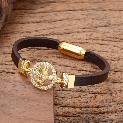 PU leder koord armbanden, met Messing & 304 roestvrij staal, gold plated, mode sieraden & uniseks & micro pave zirconia, meer kleuren voor de keuze, Lengte Ca 21 cm, Verkocht door PC