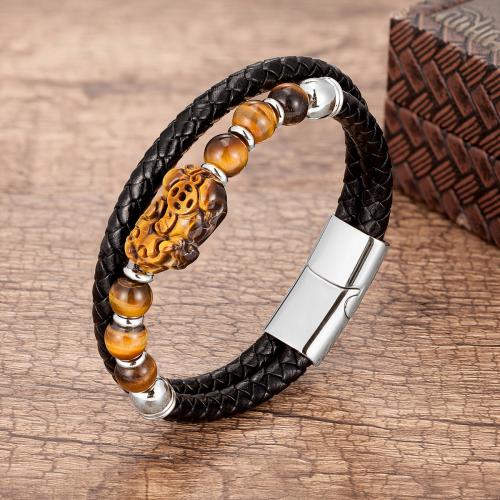 PU Leather Cord Bracelets with Natural Stone & 304 Stainless Steel Vacuum Ion Plating fashion jewelry & Unisex Length Approx 21 cm Sold By PC