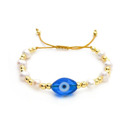 Evil Eye Jewelry Bracelet Brass with Wax Cord & Freshwater Pearl & Lampwork fashion jewelry & for woman golden Sold By PC