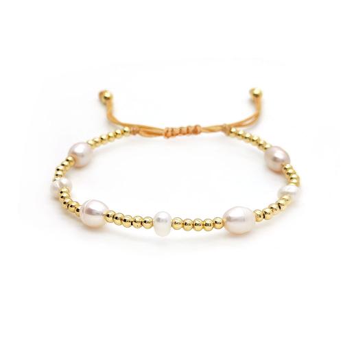 Brass Bracelet & Bangle with Wax Cord & Freshwater Pearl fashion jewelry & for woman golden Sold By PC