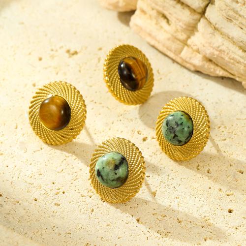 Stainless Steel Stud Earrings 304 Stainless Steel with Natural Stone Round fashion jewelry & for woman golden 19mm Sold By Pair