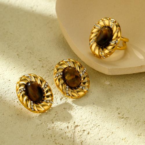 Rhinestone Stainless Steel Jewelry Set 304 Stainless Steel with Tiger Eye & for woman & with rhinestone golden Sold By PC