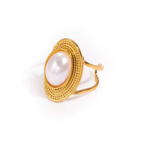 Stainless Steel Finger Ring 304 Stainless Steel with Plastic Pearl fashion jewelry & for woman golden Sold By PC