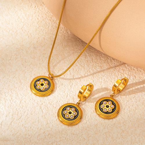 Enamel Stainless Steel Jewelry Set 304 Stainless Steel with Plastic Pearl with 5.5cm extender chain Round 2 pieces & for woman golden Length Approx 40 cm Sold By Set