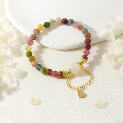 Gemstone Bracelets Tourmaline with Brass gold color plated fashion jewelry & for woman multi-colored Length Approx 16-17 cm Sold By PC