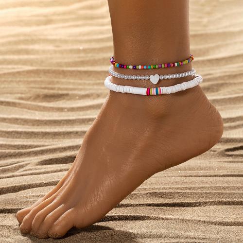 Fashion Jewelry Anklet, argile de polymère, avec Seedbead & perle de plastique, bijoux de mode, couleurs mélangées, 3PC/fixé, Vendu par fixé