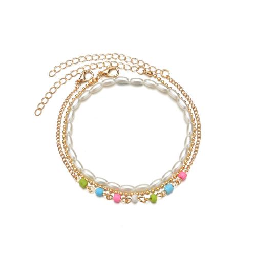 Zinc Alloy Anklet with Seedbead & Plastic Pearl gold color plated fashion jewelry mixed colors nickel lead & cadmium free Sold By Set