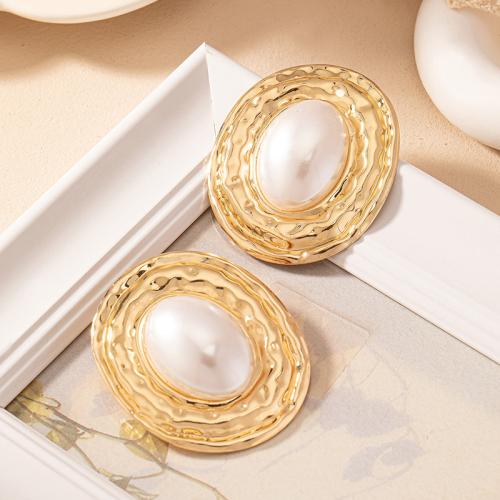 Zinklegering oorknoppen, Zinc Alloy, met Plastic Pearl, plated, voor vrouw, goud, Verkocht door pair