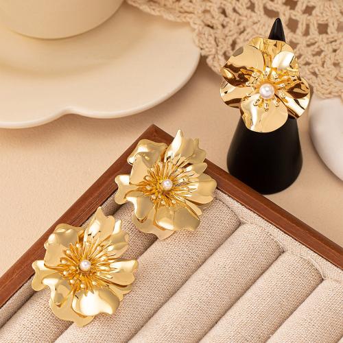 Zinc Alloy Jewelry Sets Stud Earring & finger ring with Plastic Pearl plated for woman gold Sold By Set