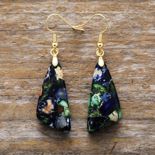 Impression Jasper Drop Earring with Brass Geometrical Pattern folk style & for woman earring length 50-70mm Sold By Pair