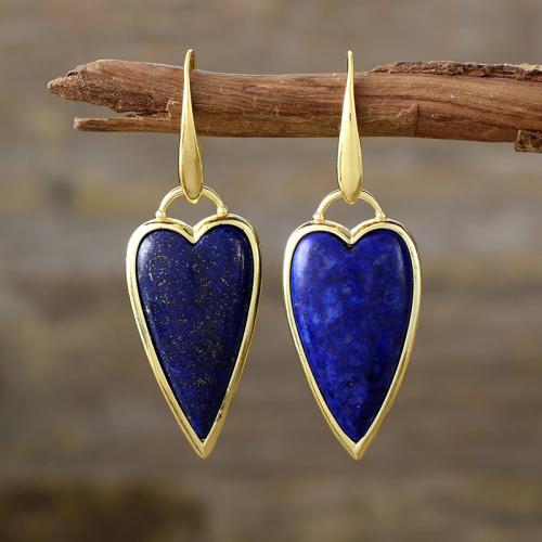 Gemstone Drop Earring with Brass Heart gold color plated & for woman Sold By Pair