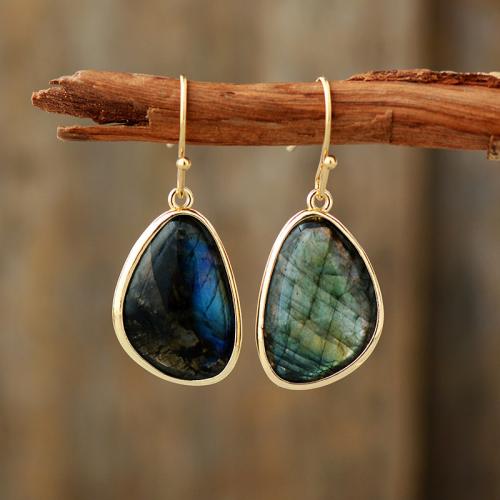 Labradorite Boucle d'oreille goutte, avec laiton, Motif géométrique, Placage de couleur d'or, style folk & pour femme, 18x40mm, Vendu par paire