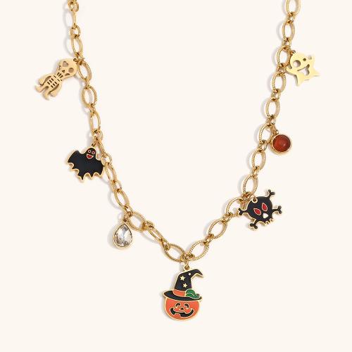 Collier Halloween, Acier inoxydable 304, avec 5cm chaînes de rallonge, Plaqué or 18K, Bijoux d'Halloween & pour femme & émail & avec strass, doré, Vendu par Environ 40 cm brin