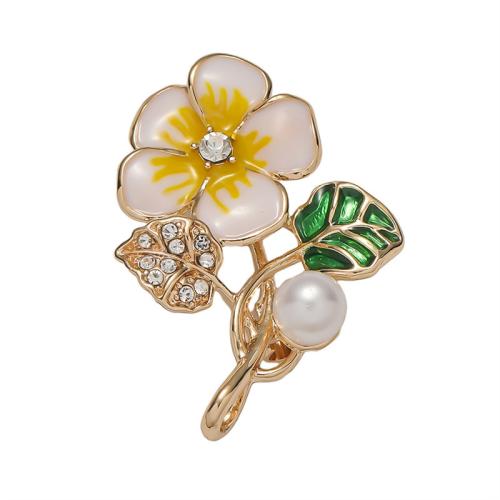 Zinc Alloy Brocher, med Plastic Pearl, Flower, forgyldt, mode smykker & emalje & med rhinestone, flere farver til valg, nikkel, bly & cadmium fri, 37x26mm, Solgt af PC