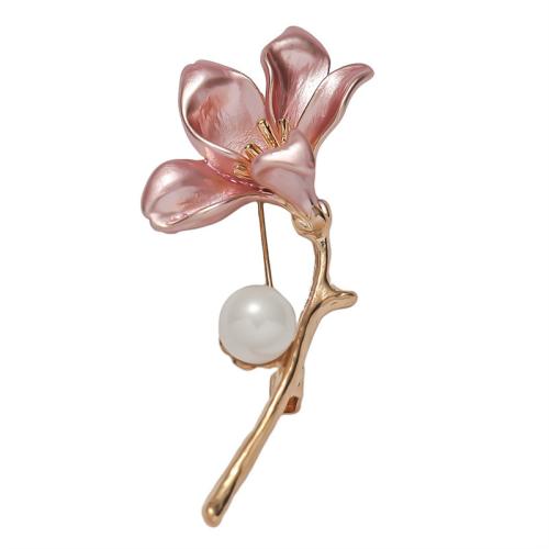 Zinc Alloy Brocher, med Plastic Pearl, Flower, forgyldt, mode smykker & emalje, flere farver til valg, nikkel, bly & cadmium fri, 56x27mm, Solgt af PC