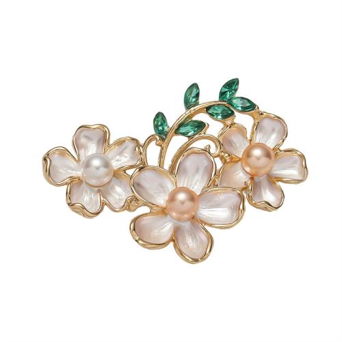 Zinc Alloy Brocher, med Plastic Pearl, Flower, forgyldt, mode smykker & emalje & med rhinestone, flere farver til valg, nikkel, bly & cadmium fri, 35x41mm, Solgt af PC